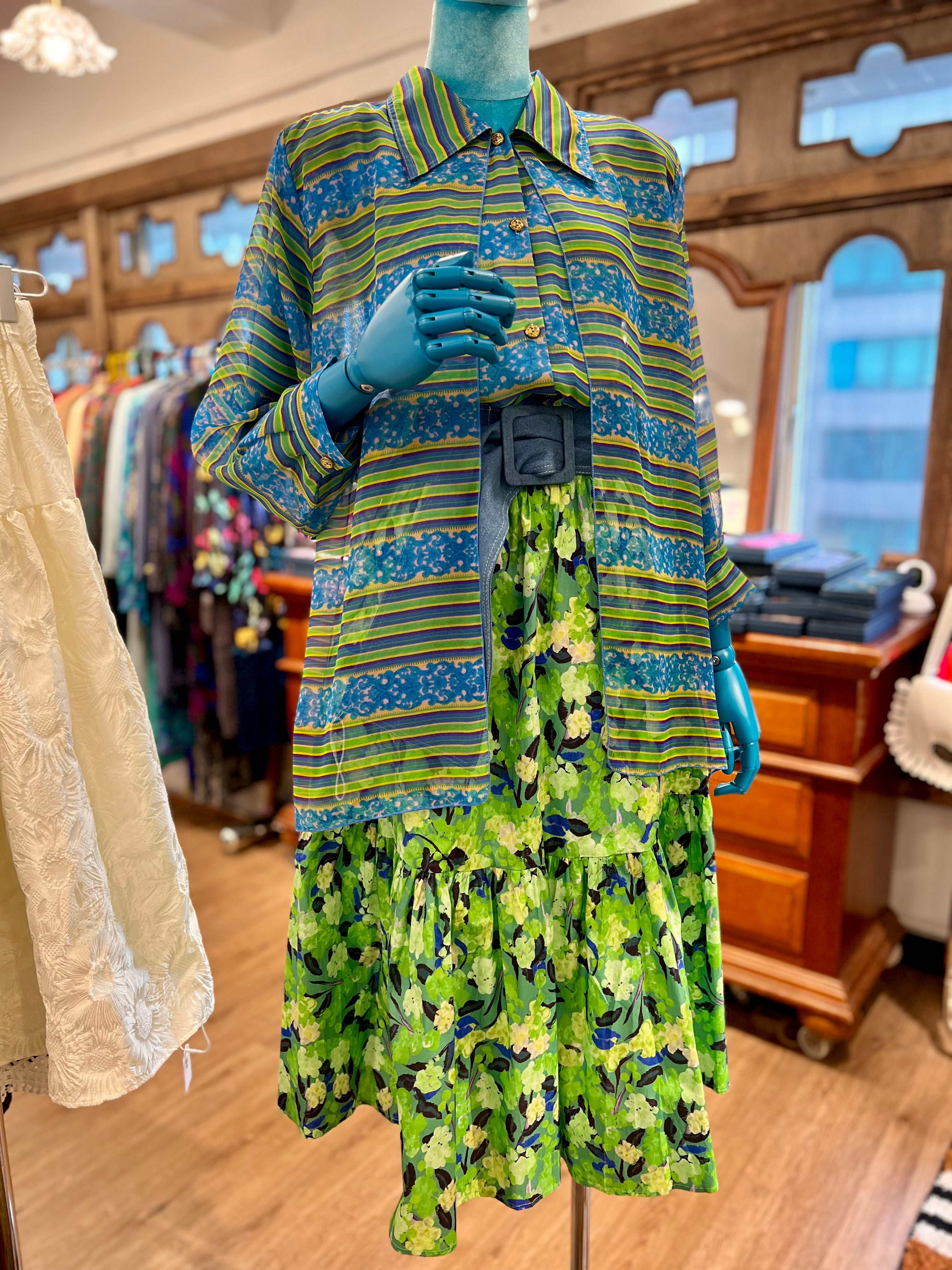 Blue & Green Floral Stripe Pattern in Sheer Mesh Shirt